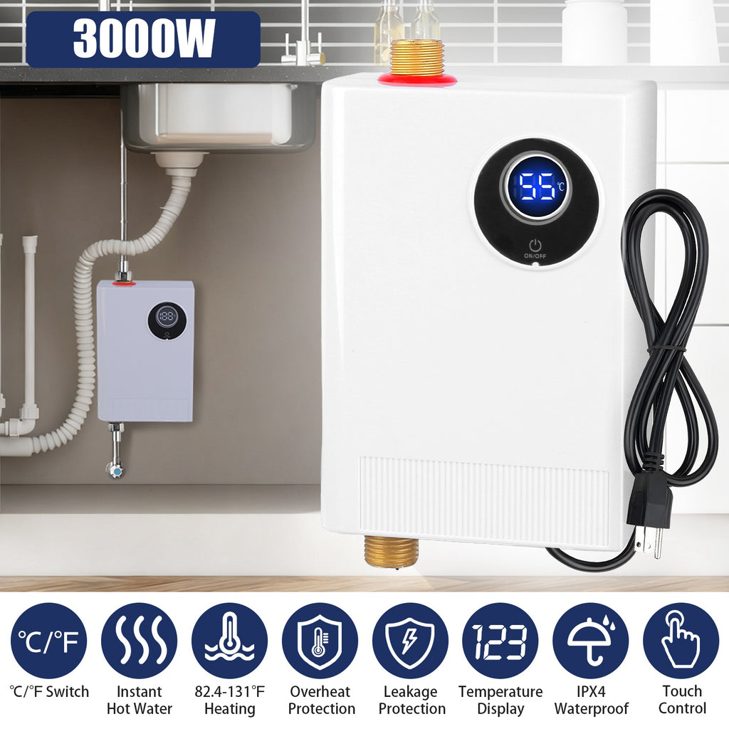 3000W Electric Tankless Water Heater with Digital Display – Instant Hot Water, UL Certified, 110–130V