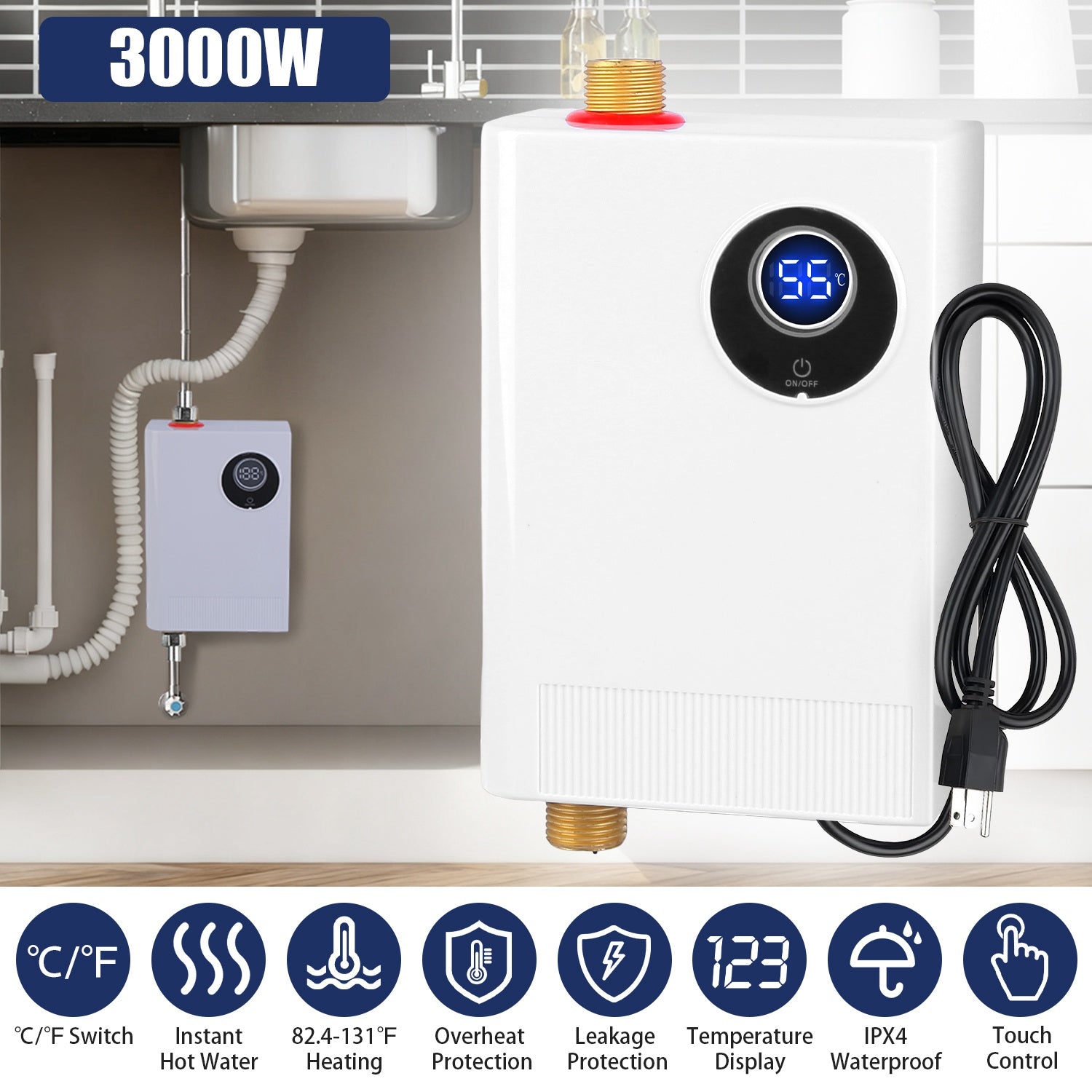 3000W Electric Tankless Water Heater with Digital Display – Instant Hot Water, UL Certified, 110–130V