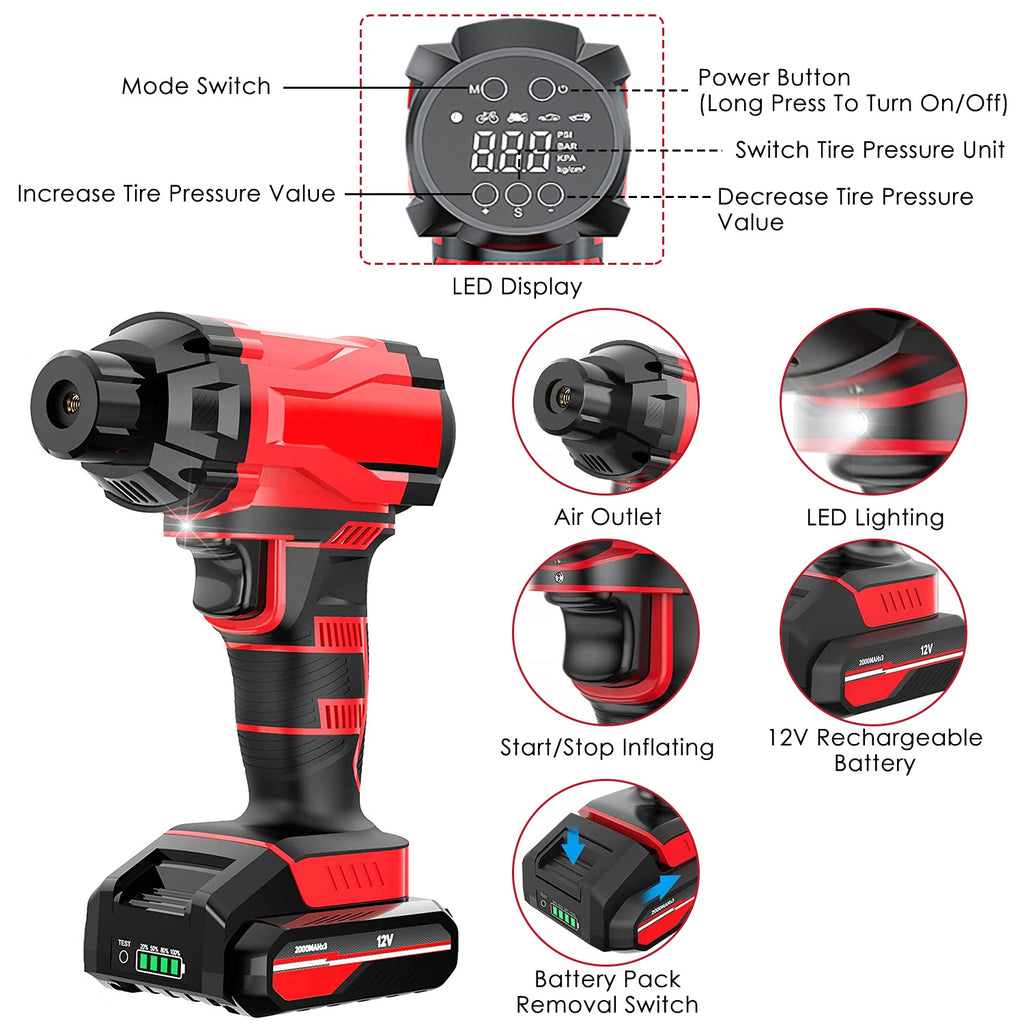 150PSI Cordless Tire Inflator – Portable Air Compressor with Digital Display, LED Light & Rechargeable Battery