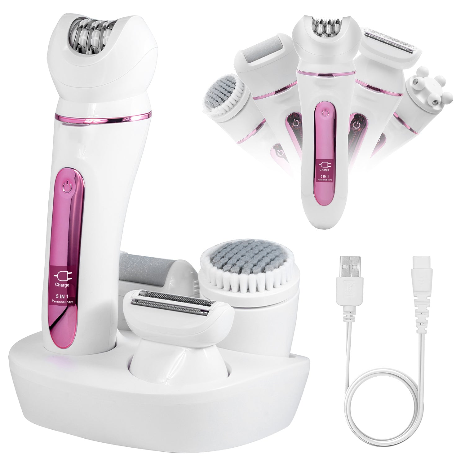 5-in-1 Electric Epilator for Women with LED Display, IPX7 Waterproof Grooming Kit, Rechargeable Shaver with Charging Base
