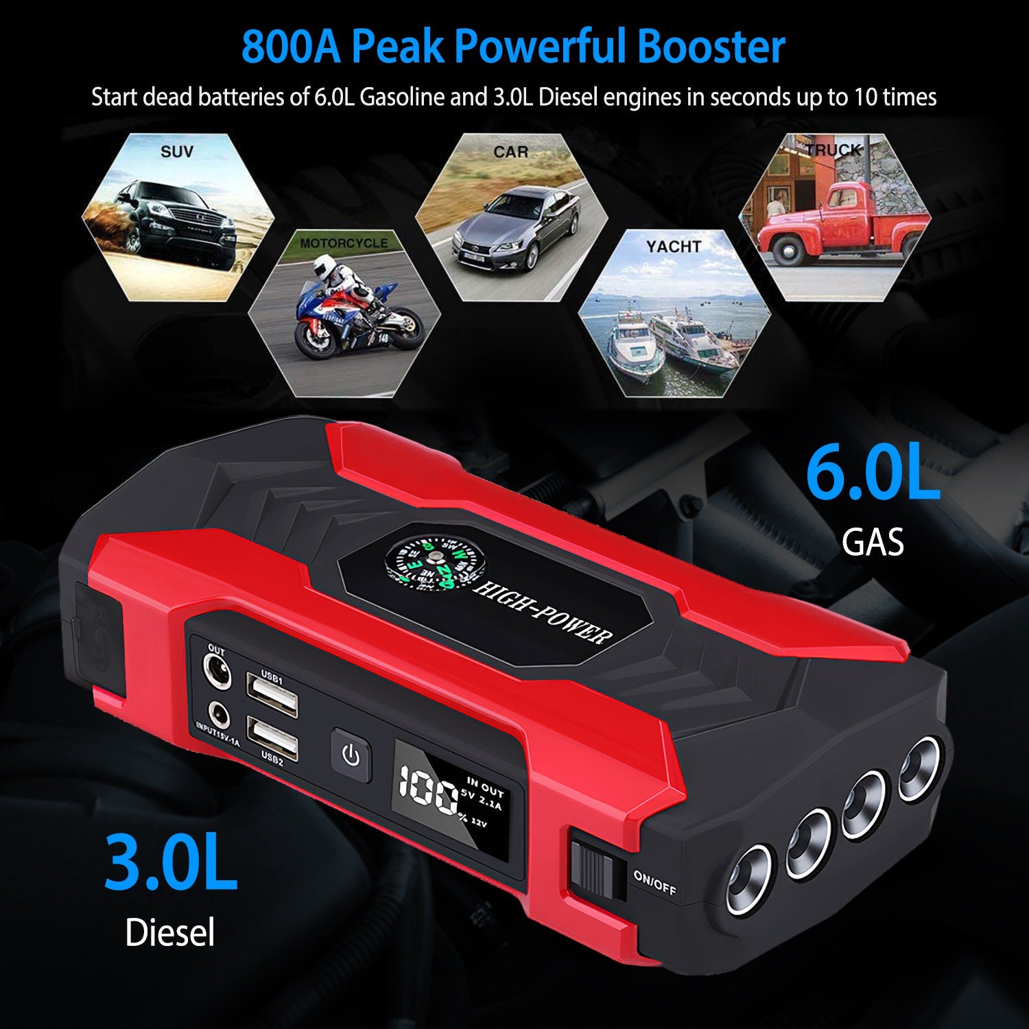 Car Jump Starter 800A 28000mAh – Portable Battery Booster with LCD & LED | Fast US Shipping