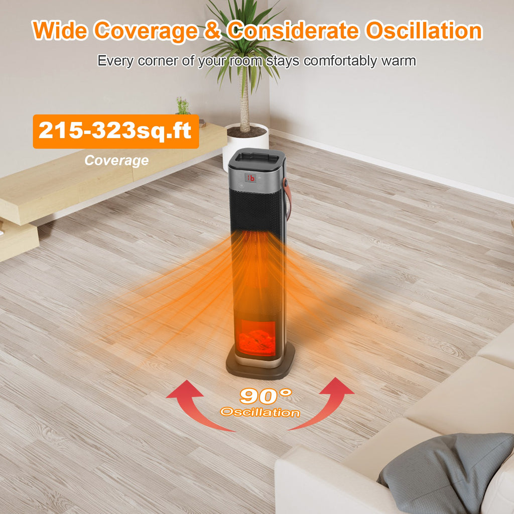 1500W Oscillating Ceramic Tower Space Heater with 3D Flame Effect, Remote Control, 3 Modes, 12H Timer, Tip-Over & Overheat Protection – Fast US Shipping