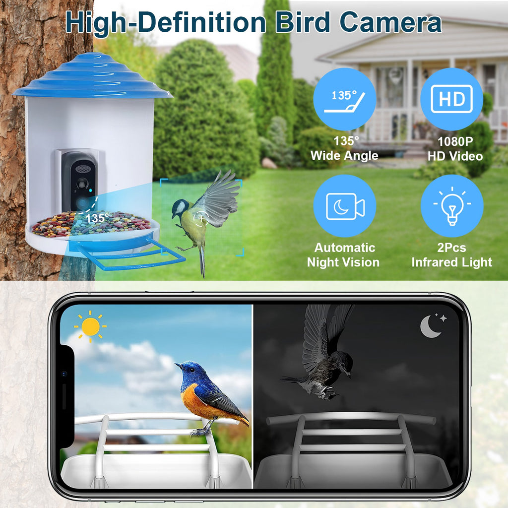 1080P Smart Bird Feeder Camera with Solar Panel, AI Bird Identification, Night Vision & Two-Way Audio (IP65 Waterproof)
