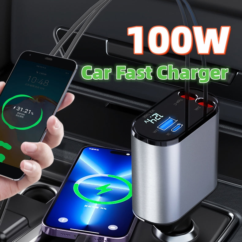 100W Retractable Car Charger USB-C & USB Fast Charging Adapter | CE FCC EMC Certified