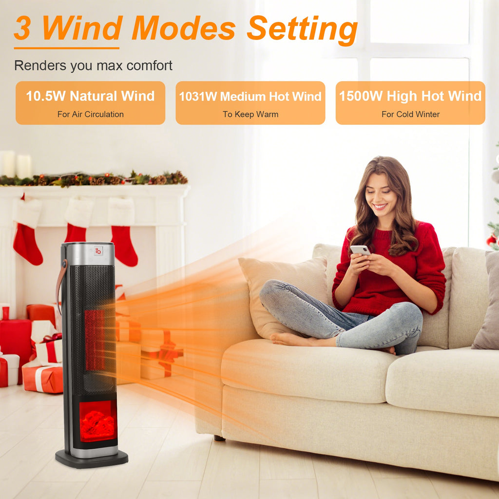 1500W Oscillating Ceramic Tower Space Heater with 3D Flame Effect, Remote Control, 3 Modes, 12H Timer, Tip-Over & Overheat Protection – Fast US Shipping