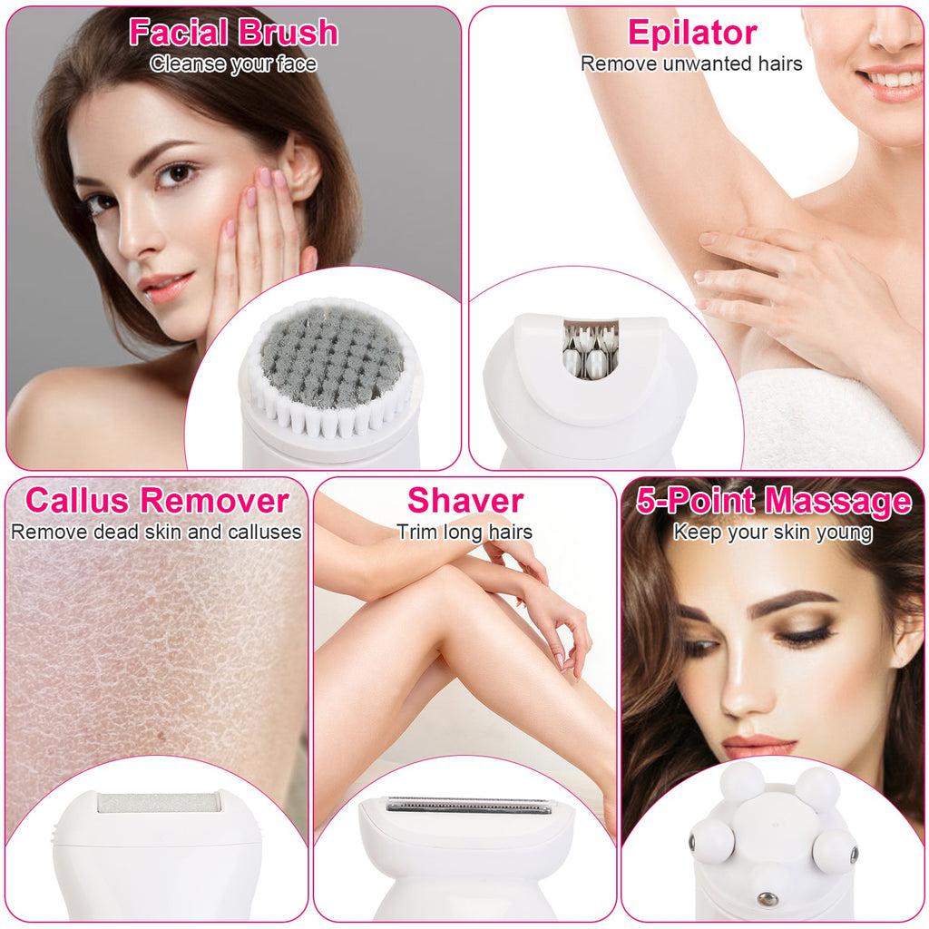 5-in-1 Electric Epilator for Women with LED Display, IPX7 Waterproof Grooming Kit, Rechargeable Shaver with Charging Base