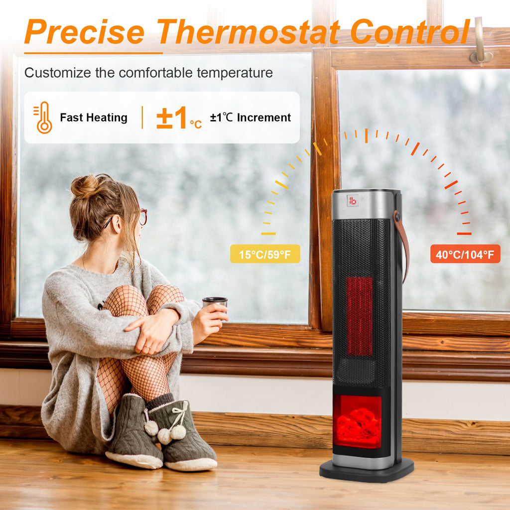 1500W Oscillating Ceramic Tower Space Heater with 3D Flame Effect, Remote Control, 3 Modes, 12H Timer, Tip-Over & Overheat Protection – Fast US Shipping