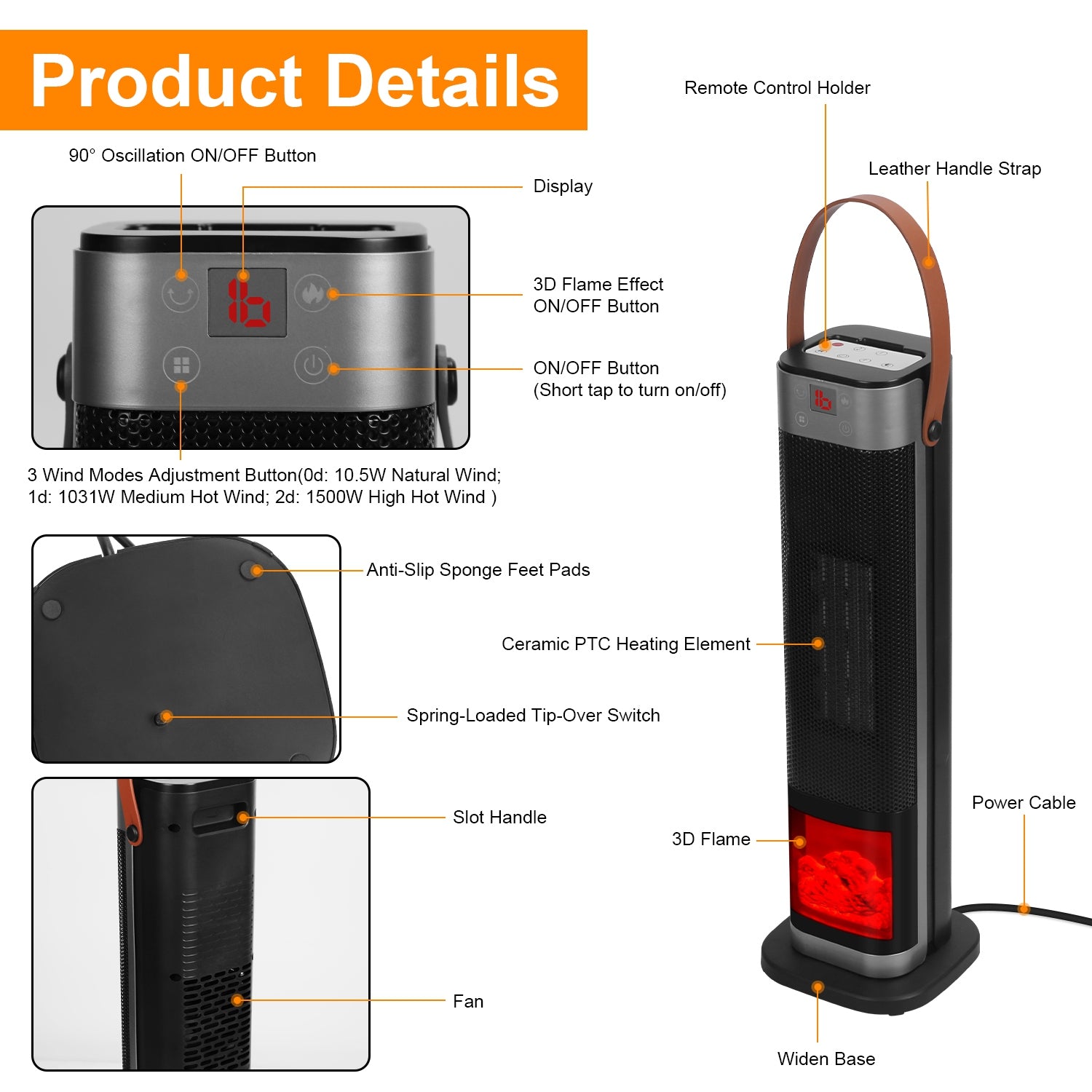 1500W Oscillating Ceramic Tower Space Heater with 3D Flame Effect, Remote Control, 3 Modes, 12H Timer, Tip-Over & Overheat Protection – Fast US Shipping