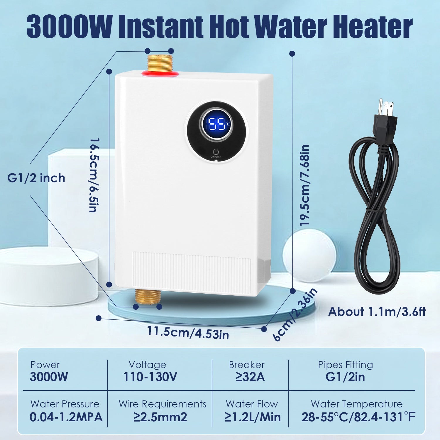 3000W Electric Tankless Water Heater with Digital Display – Instant Hot Water, UL Certified, 110–130V