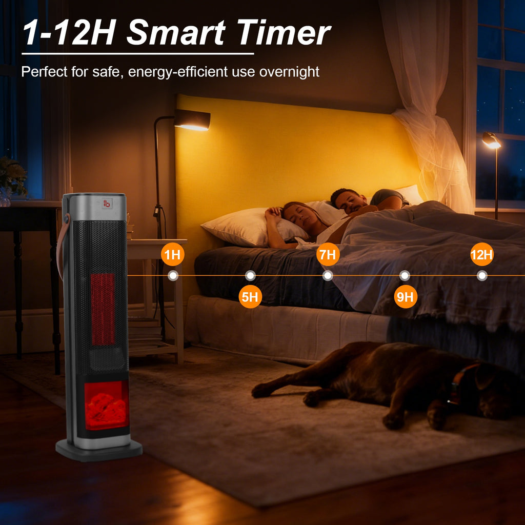 1500W Oscillating Ceramic Tower Space Heater with 3D Flame Effect, Remote Control, 3 Modes, 12H Timer, Tip-Over & Overheat Protection – Fast US Shipping