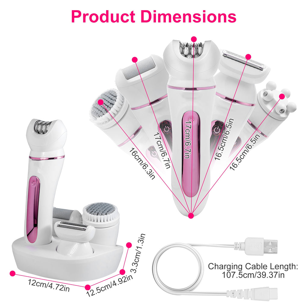 5-in-1 Electric Epilator for Women with LED Display, IPX7 Waterproof Grooming Kit, Rechargeable Shaver with Charging Base
