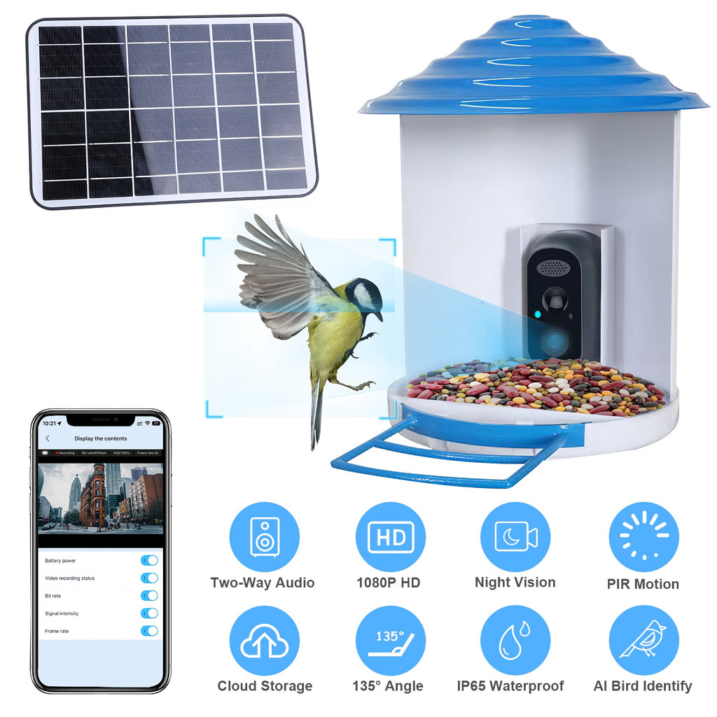 1080P Smart Bird Feeder Camera with Solar Panel, AI Bird Identification, Night Vision & Two-Way Audio (IP65 Waterproof)