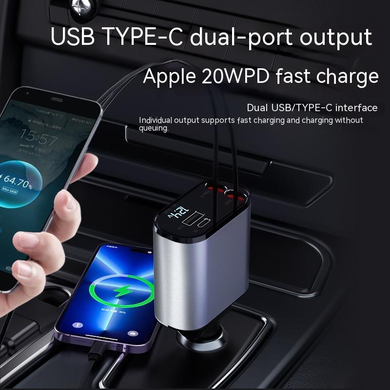 100W Retractable Car Charger USB-C & USB Fast Charging Adapter | CE FCC EMC Certified