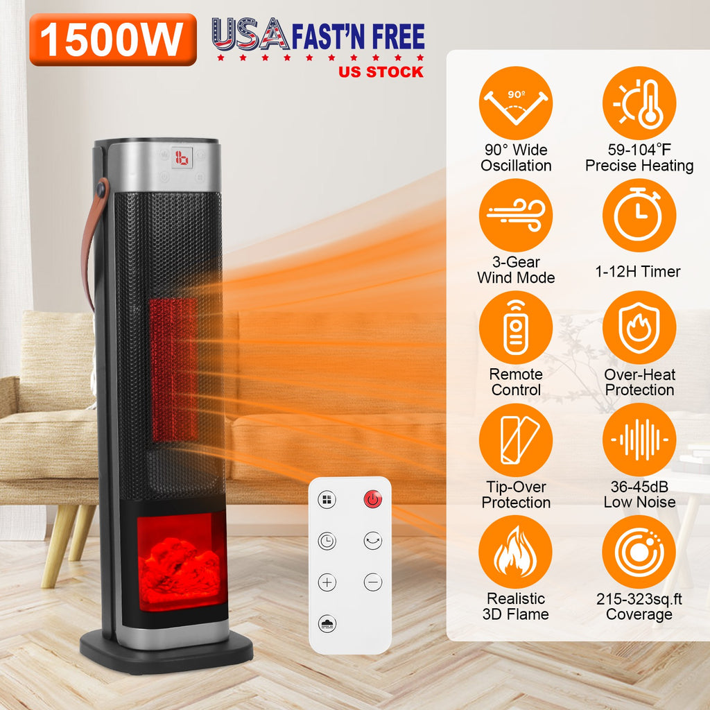 1500W Oscillating Ceramic Tower Space Heater with 3D Flame Effect, Remote Control, 3 Modes, 12H Timer, Tip-Over & Overheat Protection – Fast US Shipping
