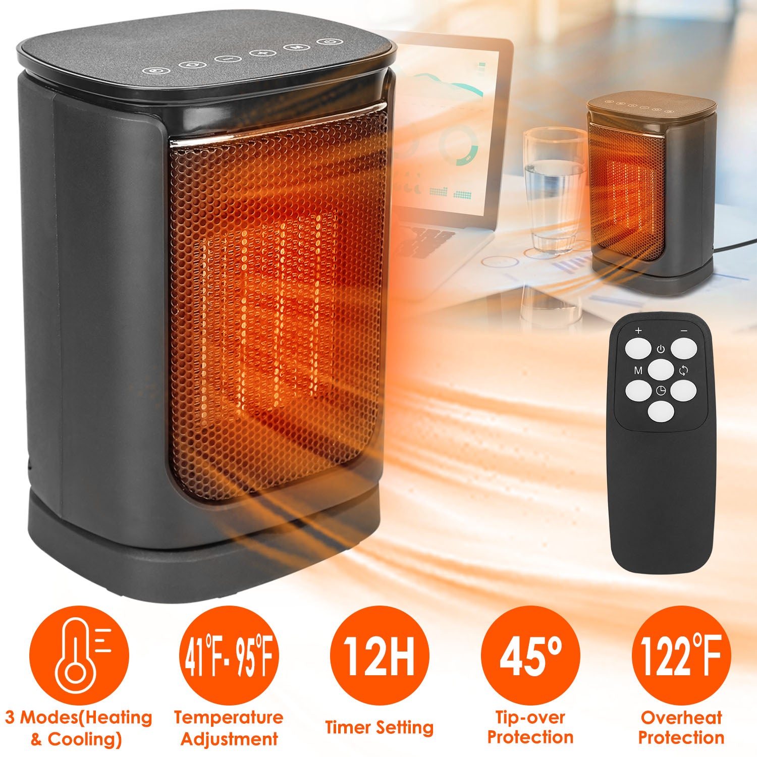 1500W Ceramic Space Heater with Remote Control, 90° Oscillation, Digital Display, Fast Heating – Free Shipping USA