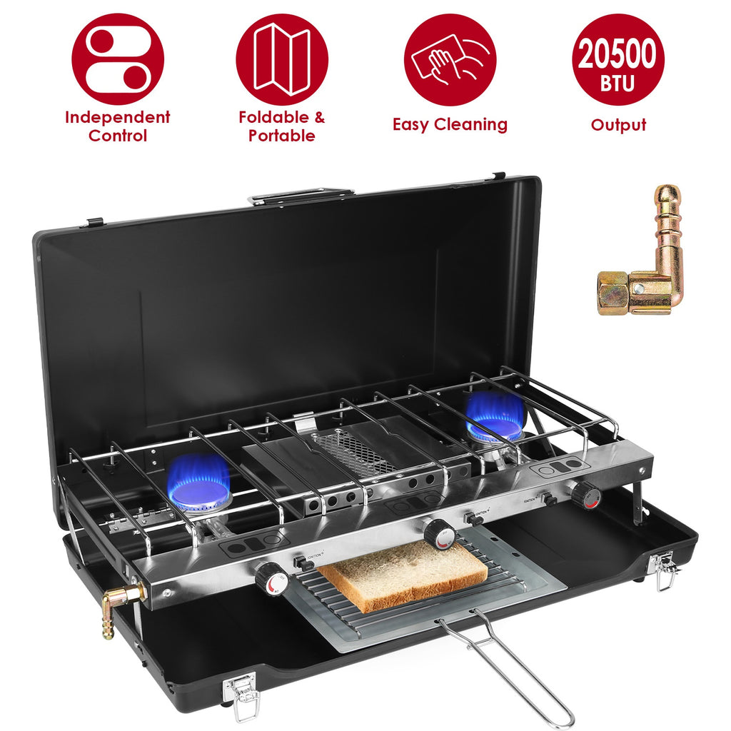 3-Burner Portable Camping Stove 20500 BTU Foldable Propane Gas Stove with Windproof Lid for Camping, RV, BBQ & Outdoor Cooking