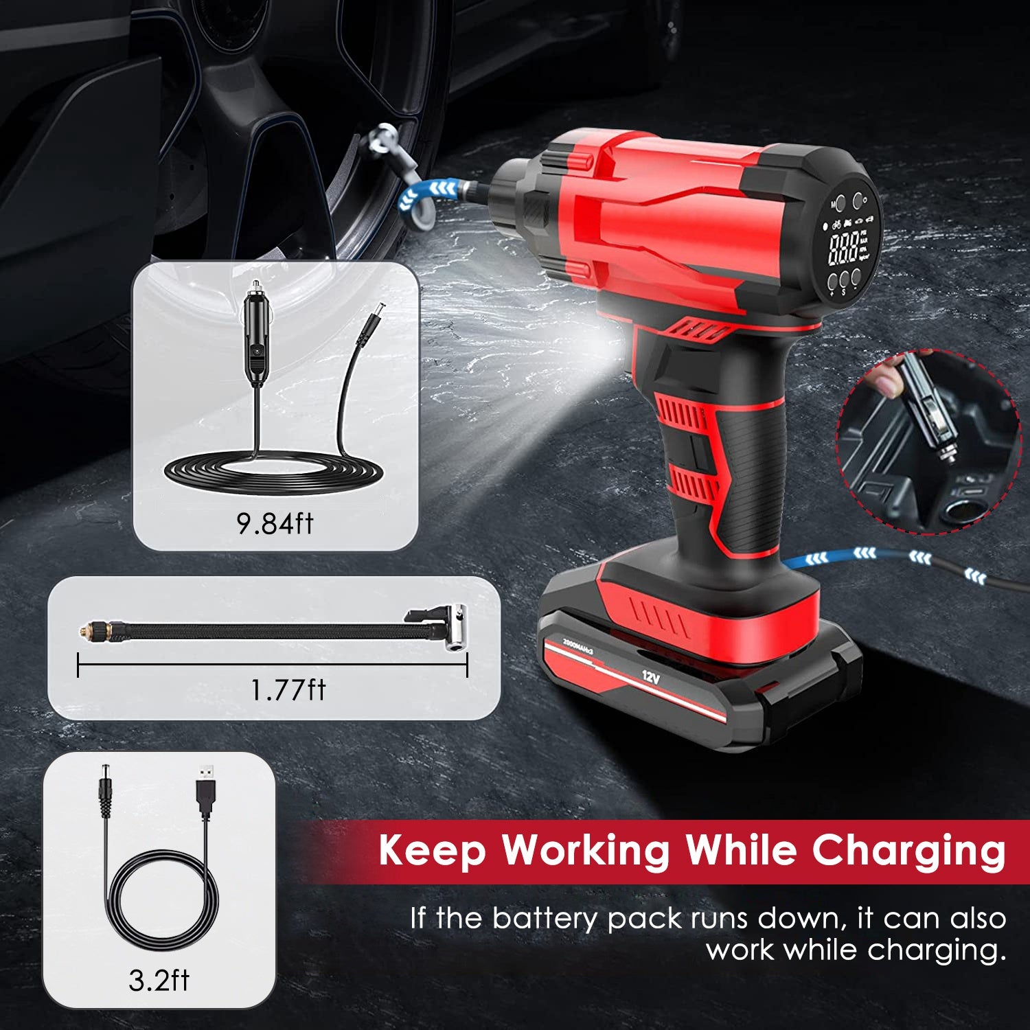 150PSI Cordless Tire Inflator – Portable Air Compressor with Digital Display, LED Light & Rechargeable Battery