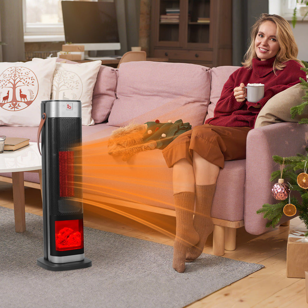 1500W Oscillating Ceramic Tower Space Heater with 3D Flame Effect, Remote Control, 3 Modes, 12H Timer, Tip-Over & Overheat Protection – Fast US Shipping