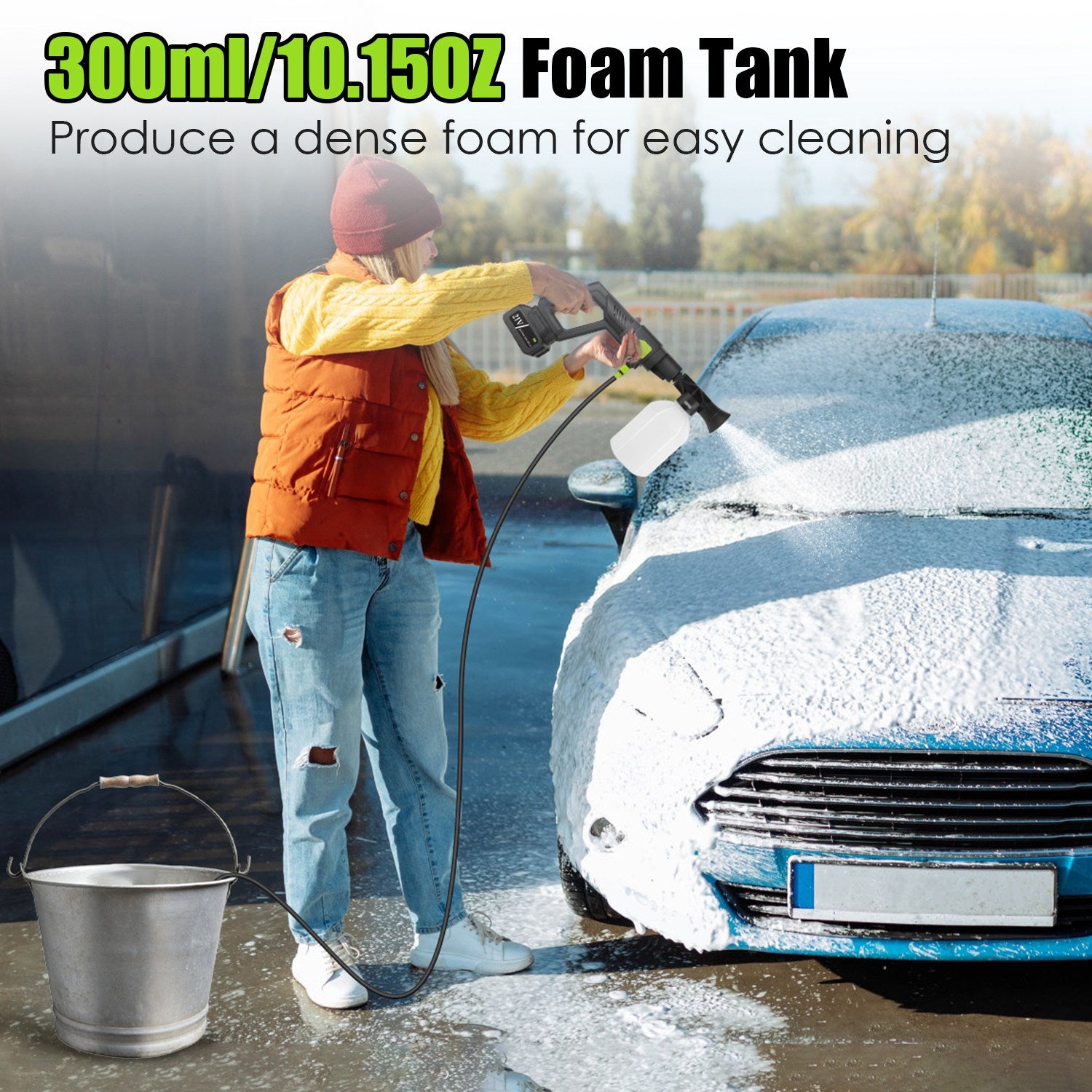 Cordless Pressure Washer 435 PSI – Portable 21V Power Cleaner with 6-in-1 Nozzle, Dual Batteries & Foam Bottle (UL, FCC, CE Certified)